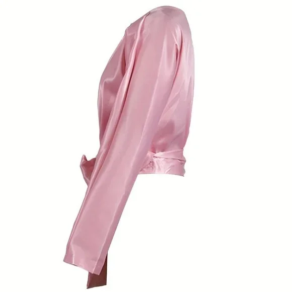 Blush Pink Satin Wrap Blouse with Bow & Brooch – Elegant Off-Shoulder Top - Picture 4 of 11